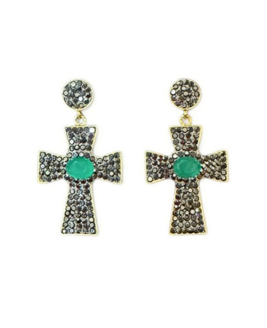 Pendientes colgantes con cruz de esmeralda y hematita «Odessa»
