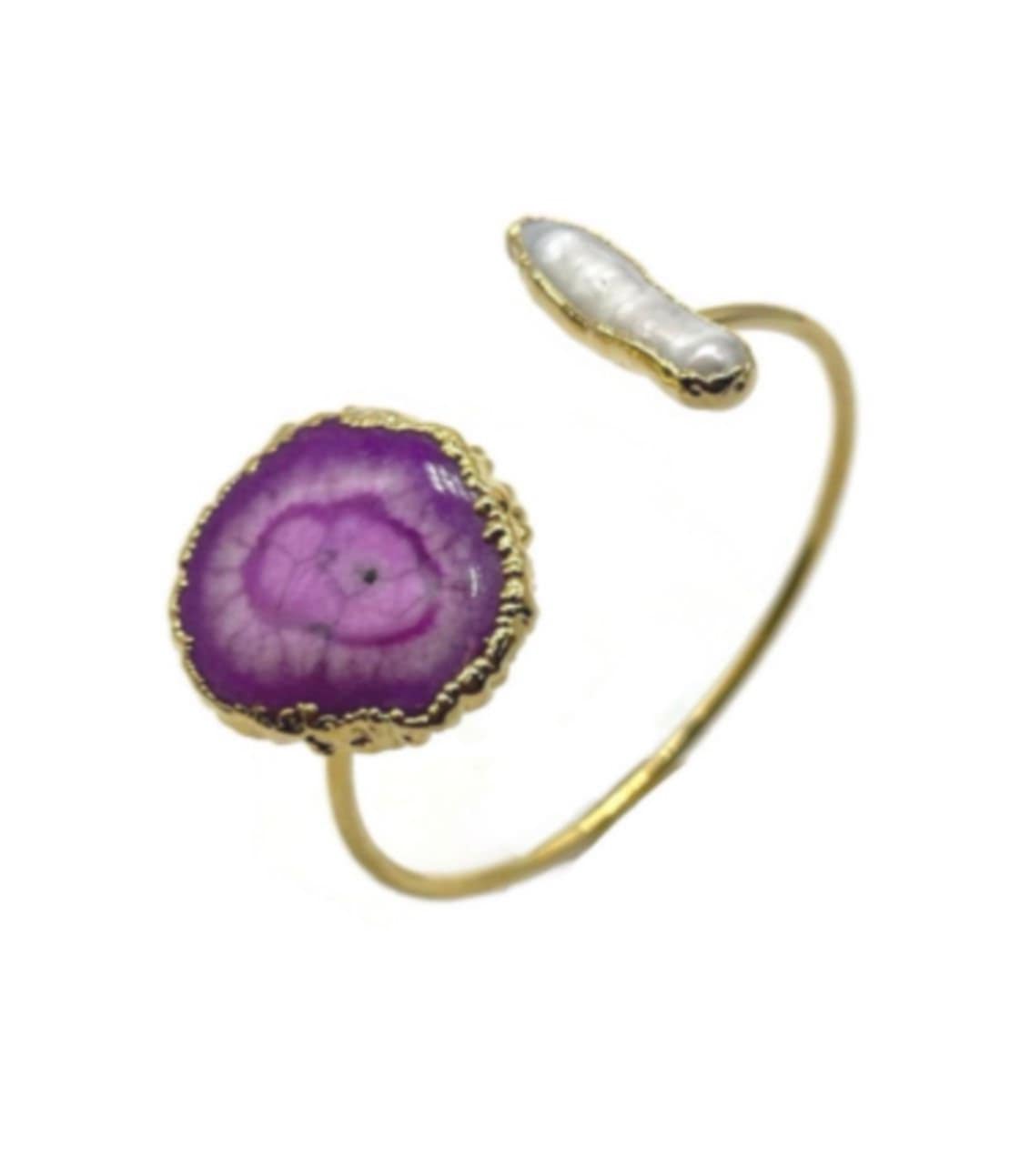 The "Odessa" Purple Agate & Stick Pearl Open Cuff Bracelet