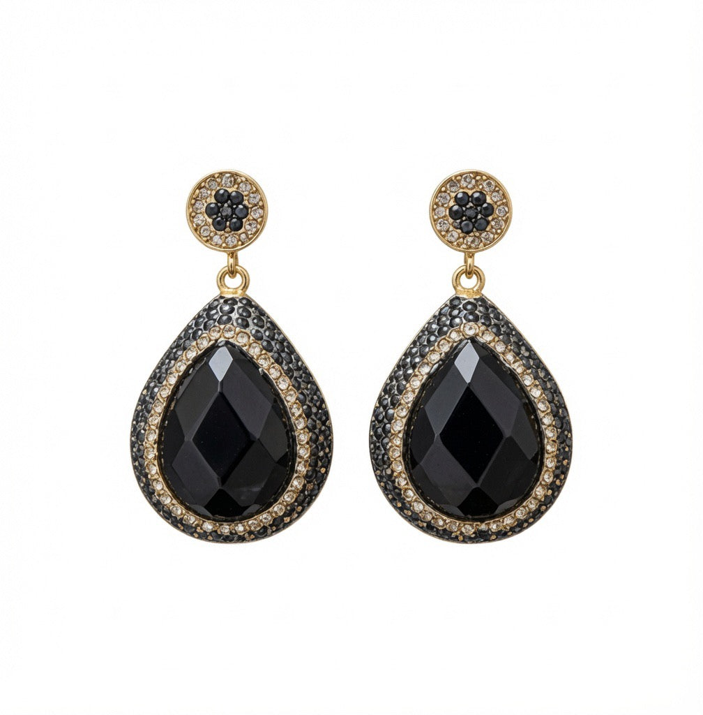Los pendientes colgantes de ónix negro, hematita y cristal de Swarovski dorado "Odessa"