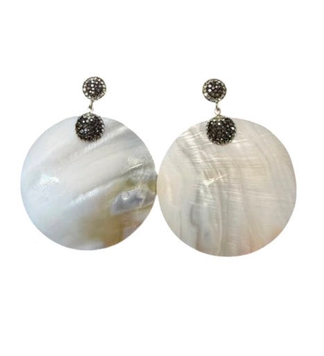 Pendientes largos llamativos "Odessa" con nácar, hematita y cristal Swarovski transparente