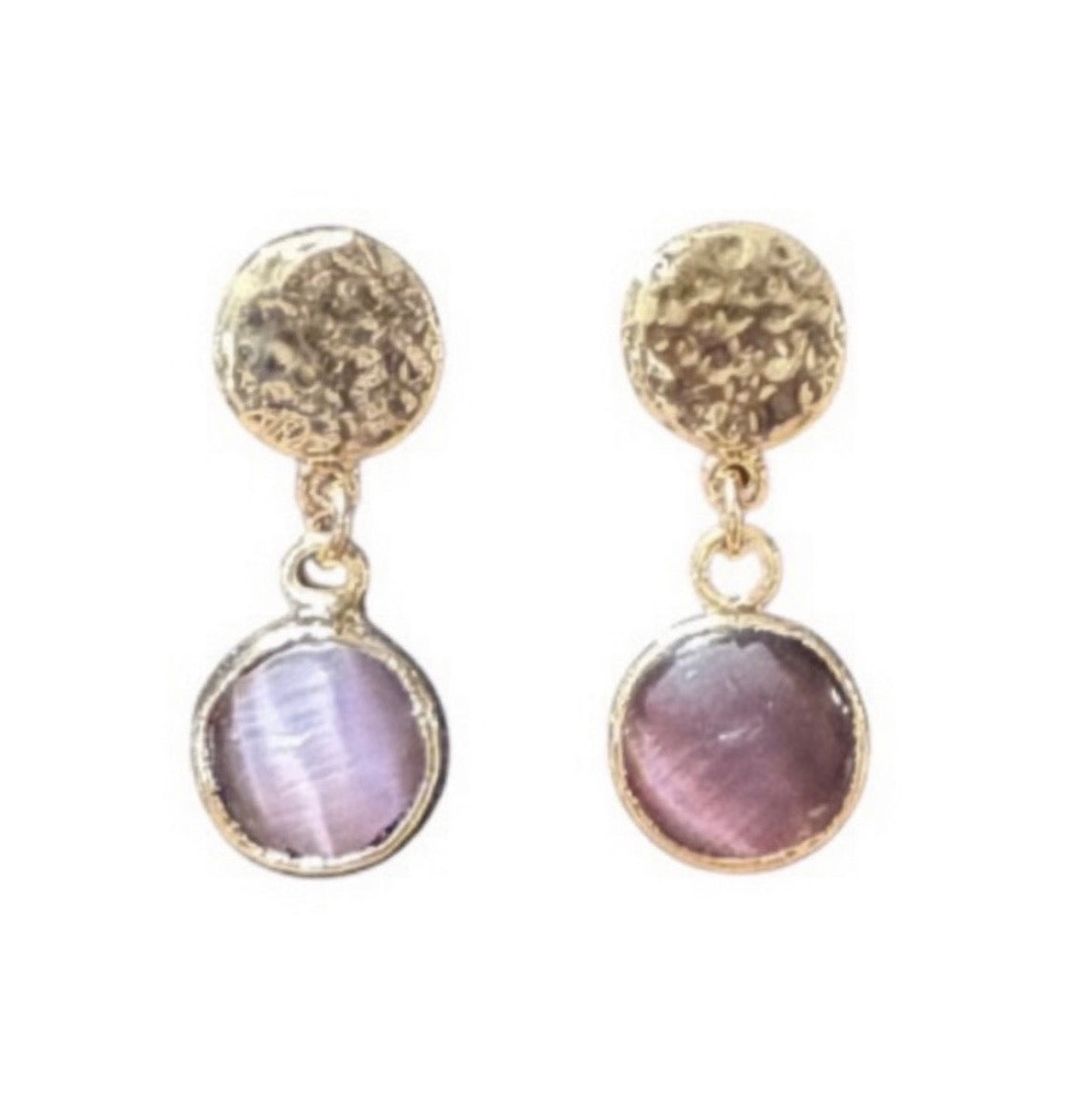 Pendientes colgantes "Avalon" con ojo de gato malva y disco martillado