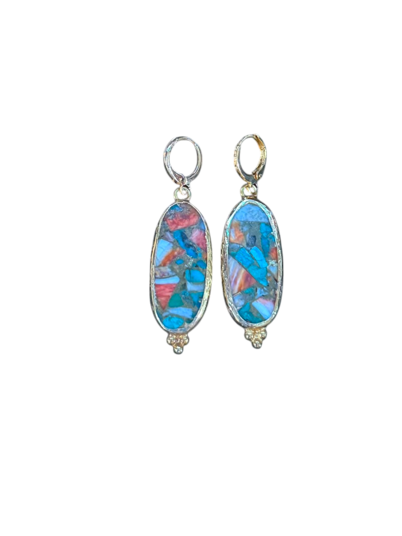 The "Sonora" Mosaic Turquoise, Coral & Spiny Oyster Huggie Drop Earrings