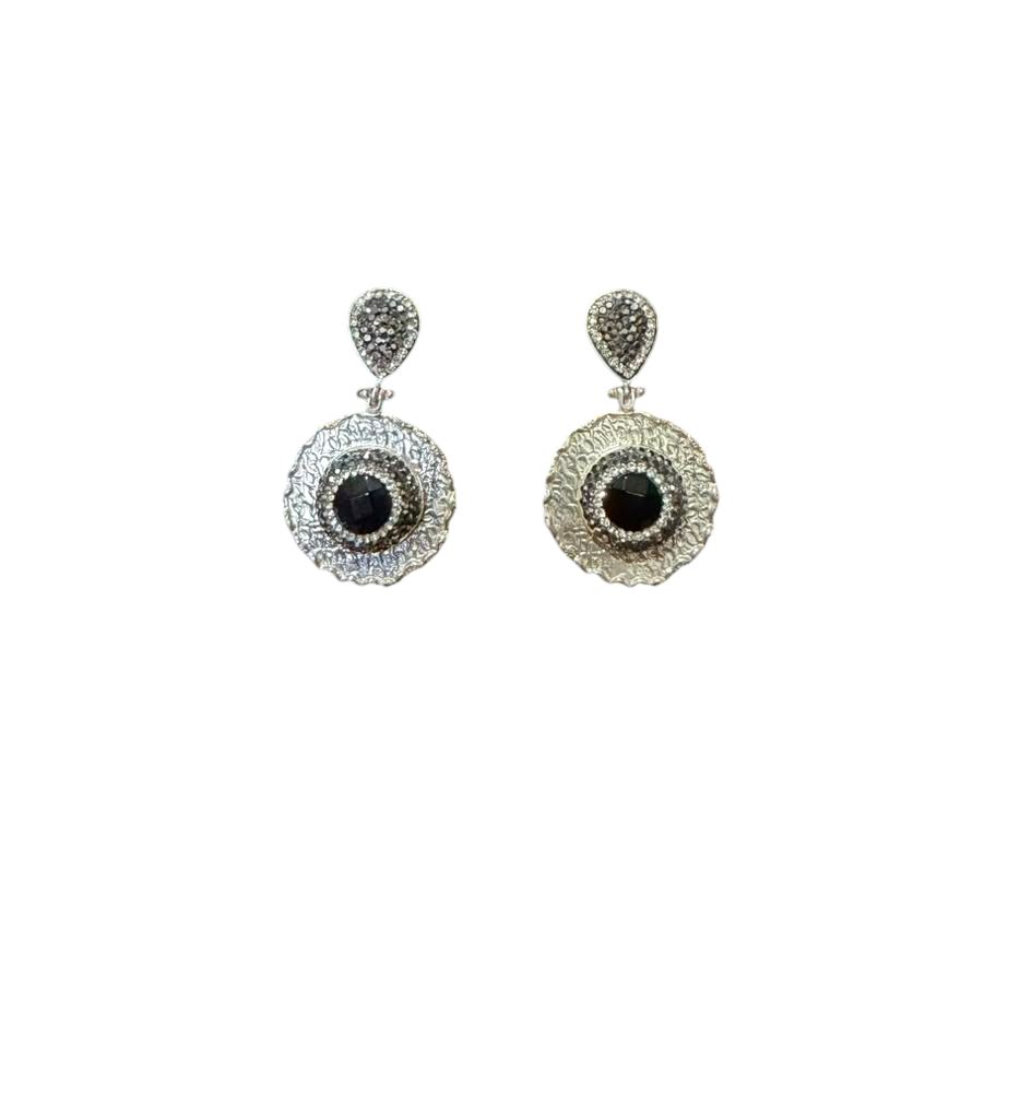 The "Odessa" Black Onyx, Hematite & Clear Swarovski Crystal Medallion Drop Earrings