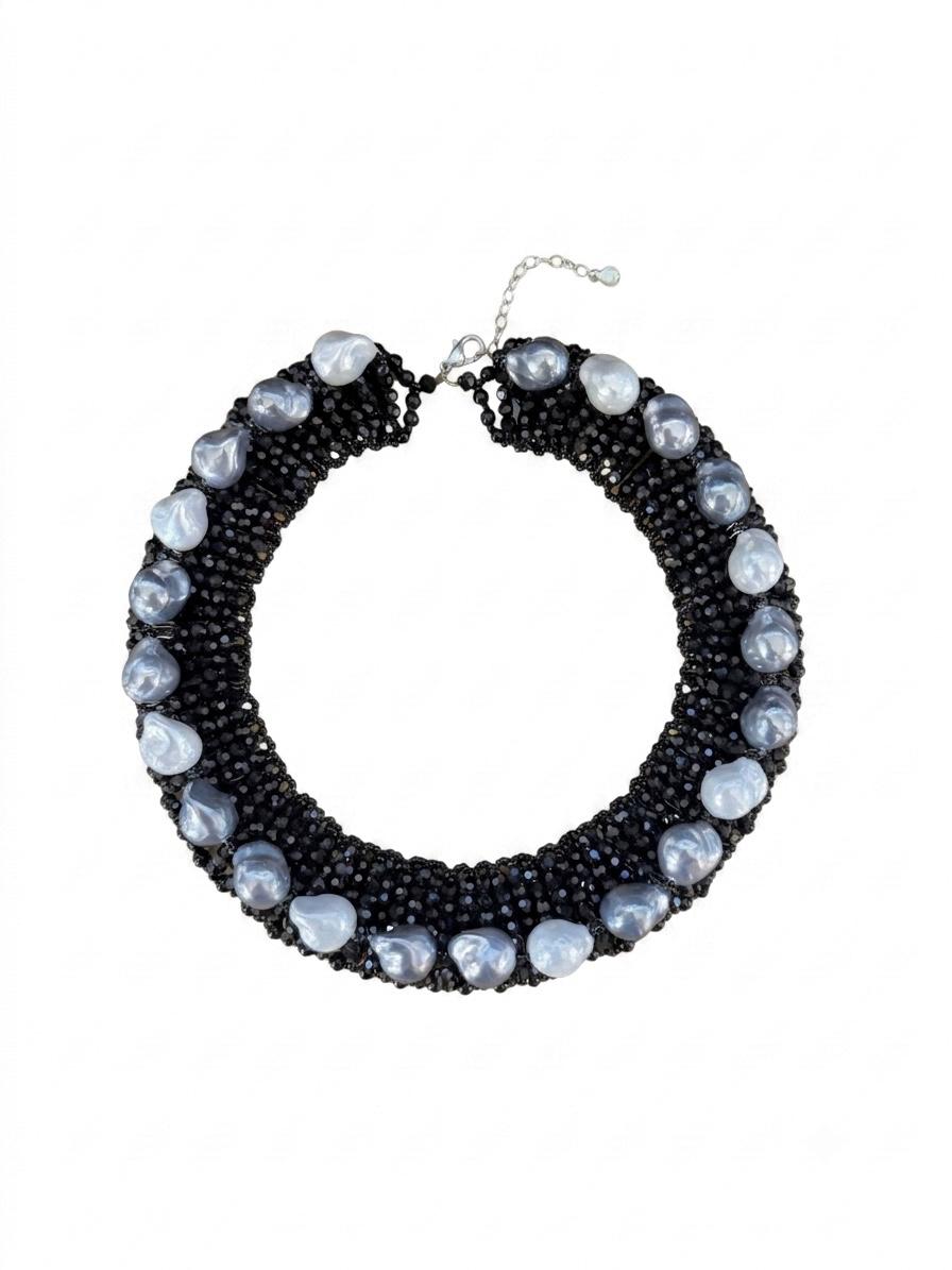 The "Nox" Majorca Pearl & Black Onyx Track Collar Necklace