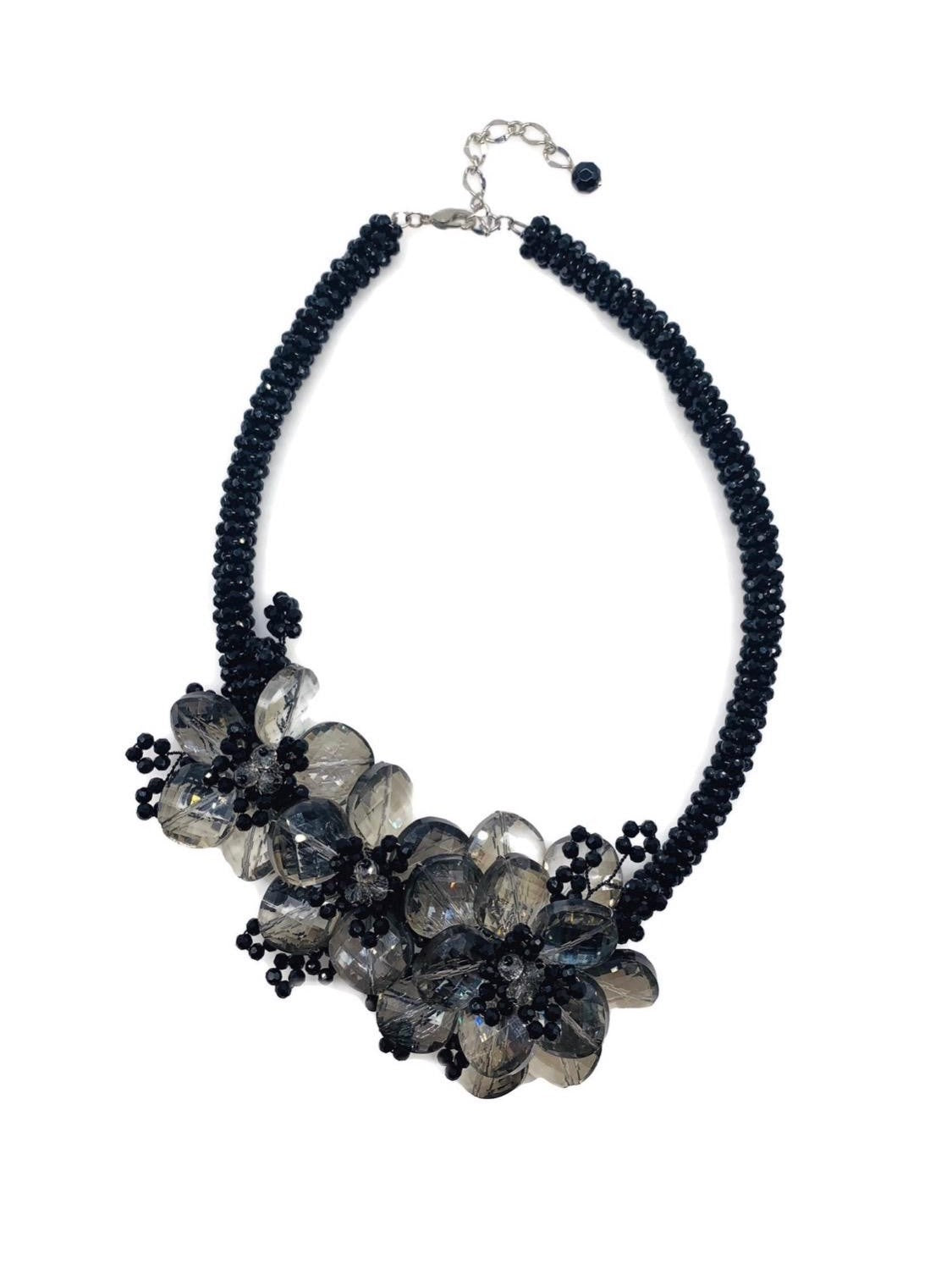 The "Calypso" Ocean Blue Swarovski Crystal Asymmetric Floral Statement Necklace