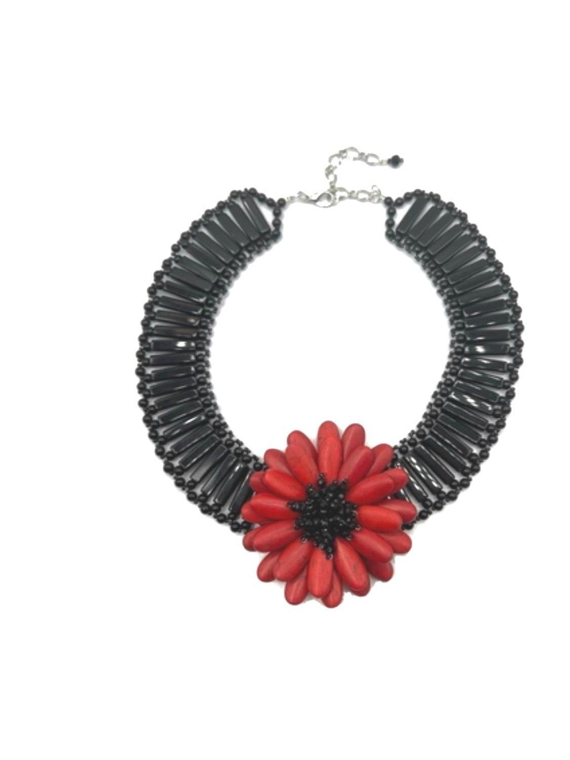 The "Valkyrie" Red Iolite & Black Onyx Sunflower Statement Necklace