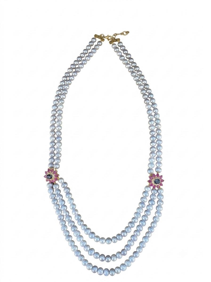 The "Odessa" Multi-Strand Grey Pearl & Ruby Sapphire Floral Cluster Necklace