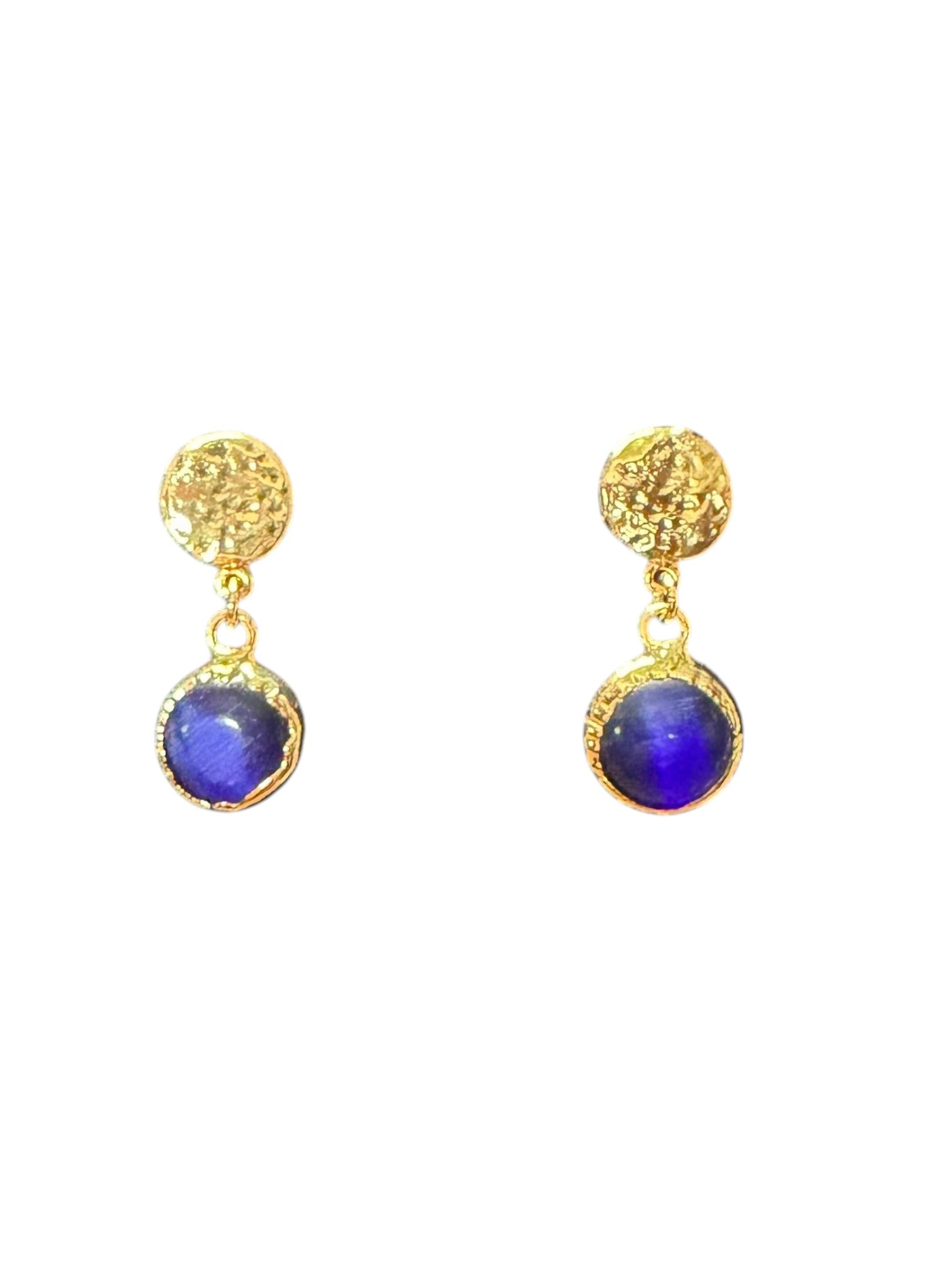 The "Cobalt" Hammered Gold & Cat's Eye Round Drop Earrings