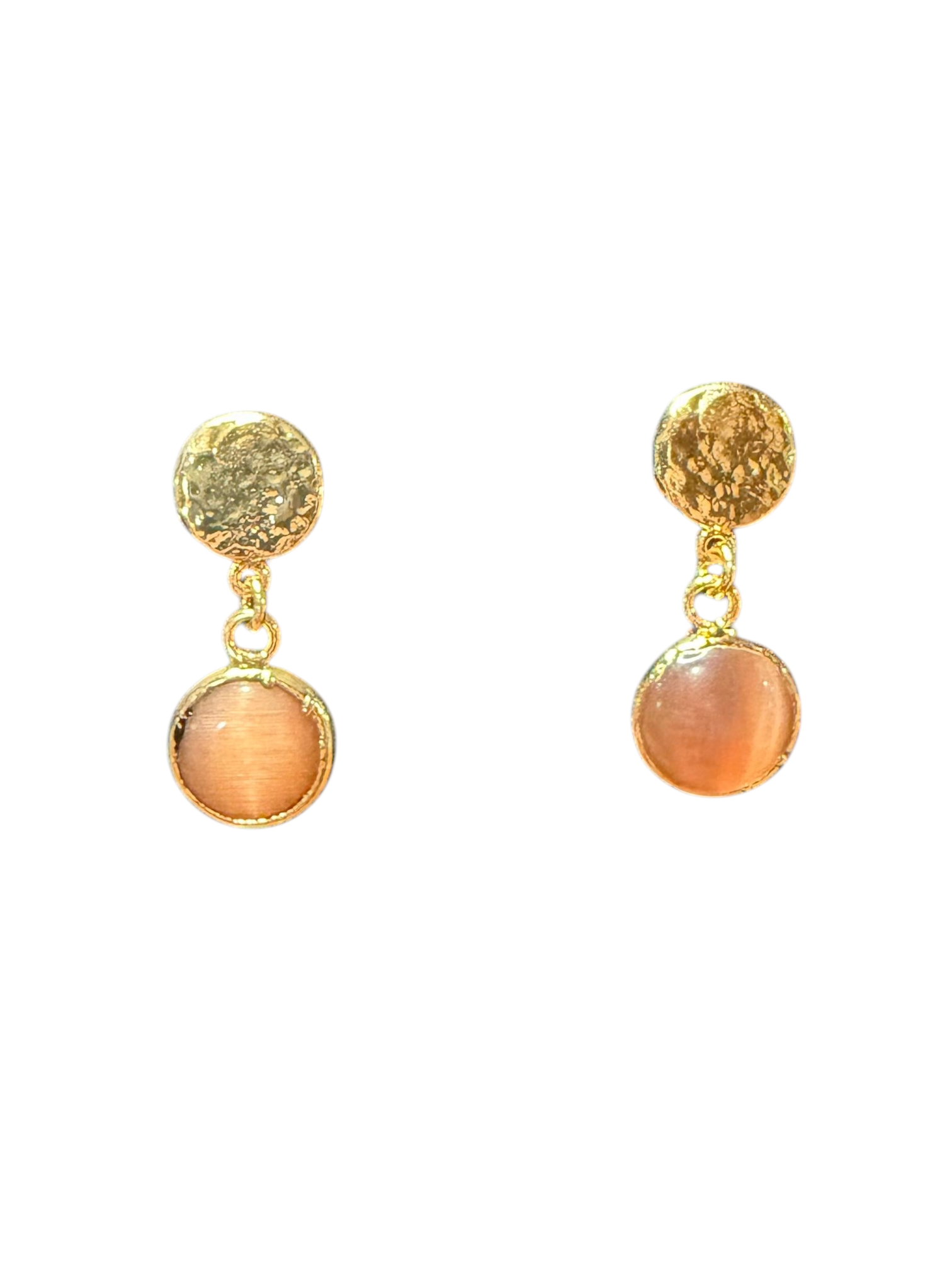 The "Avalon" Peach Cat's Eye & Hammered Disc Drop Earrings