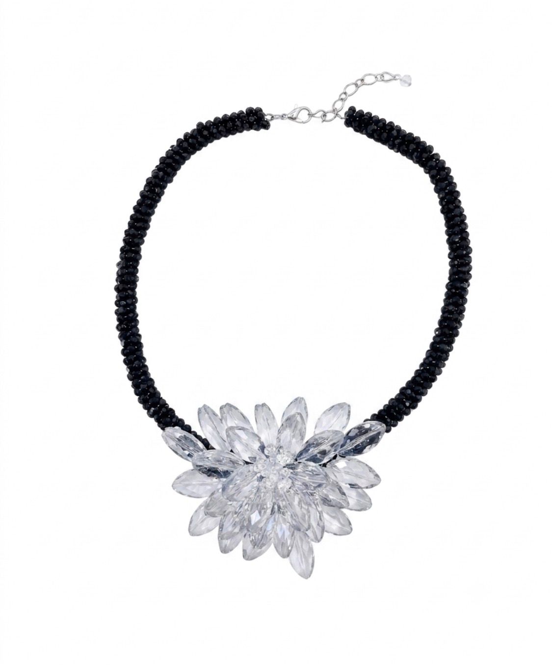 The "Lotus" Clear & Black Swarovski Crystal Flower Necklace