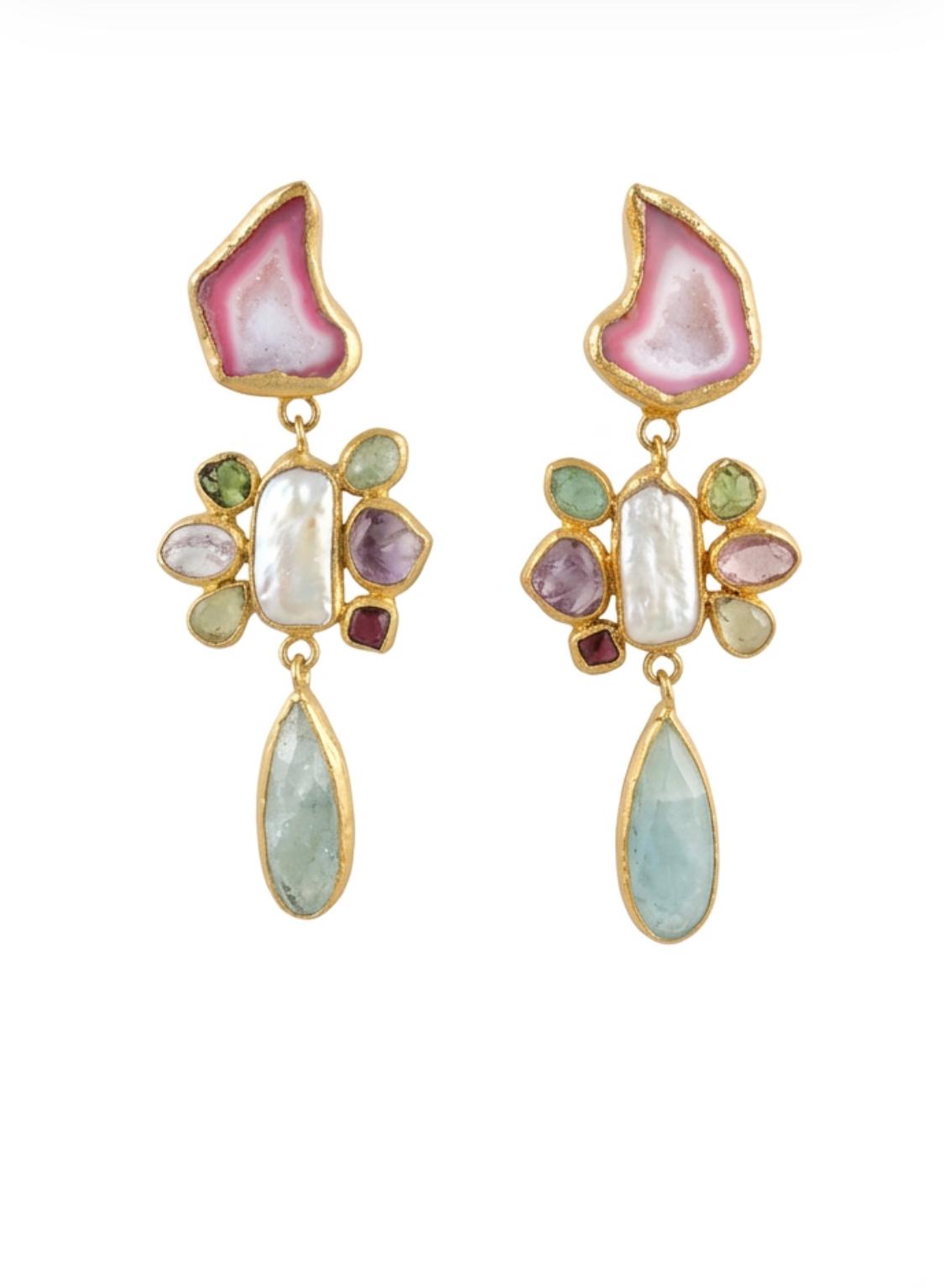 The "Pink Agate Bloom" Agate & Multi-Gem Drop Earrings