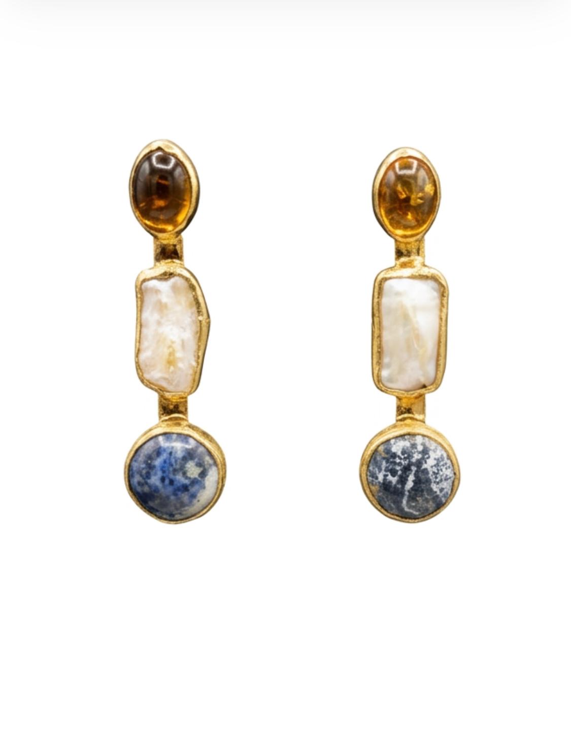 The "Amber Glow" Amber, Pearl & Iolite Drop Earrings