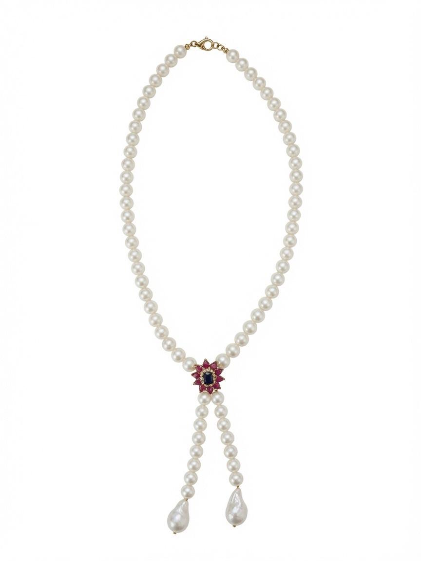 The "Royal Bloom" Pearl Y-Necklace with Ruby & Sapphire Floral Focal