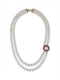 The "Ruby Halo" Double-Strand Pearl Necklace with Ruby Focal