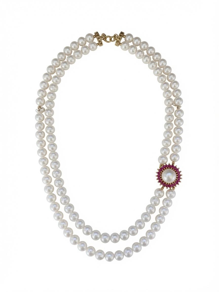 The "Ruby Halo" Double-Strand Pearl Necklace with Ruby Focal