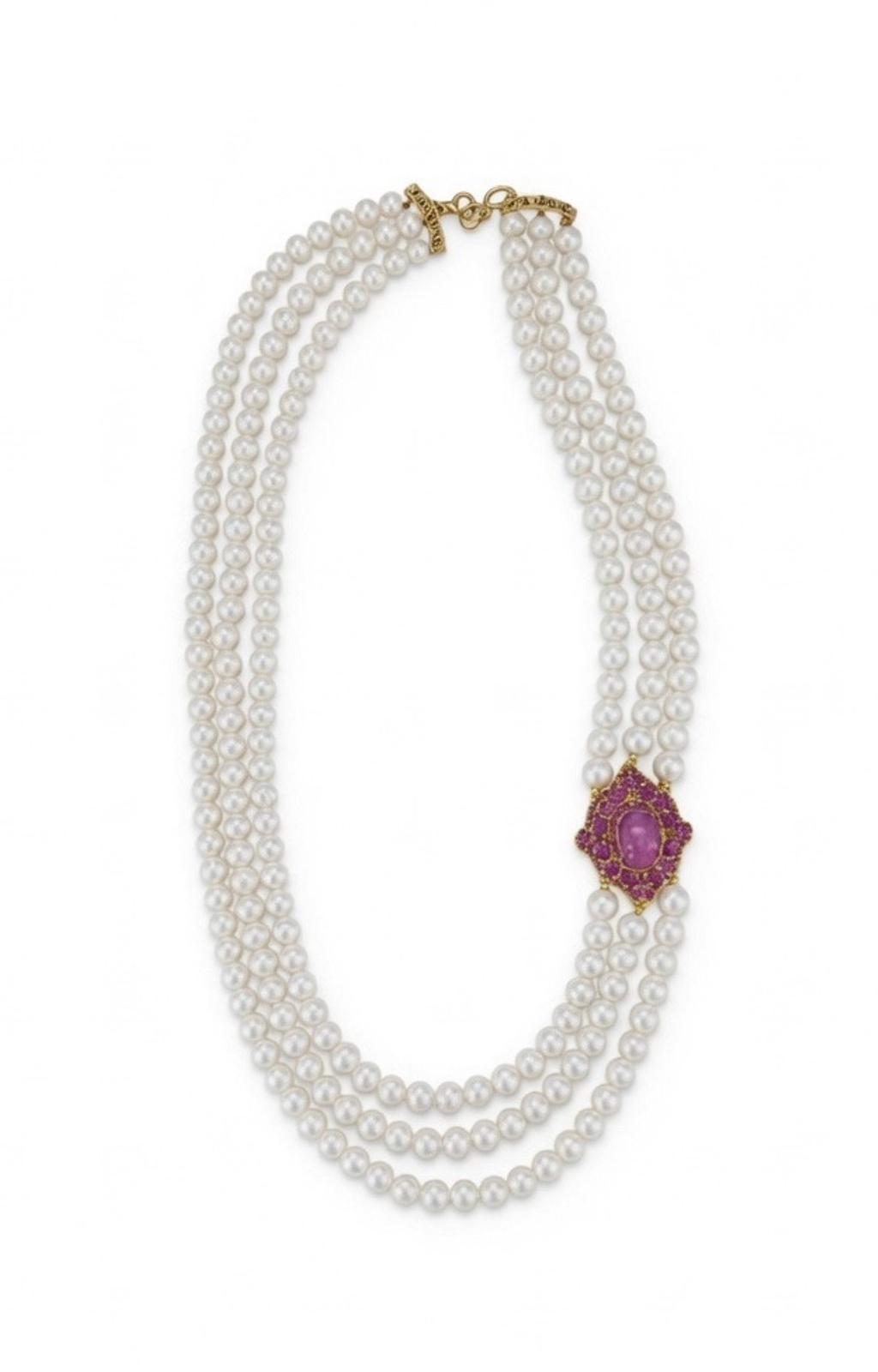 The "Art Deco Ruby" Triple-Strand Pearl Necklace with Ruby Focal