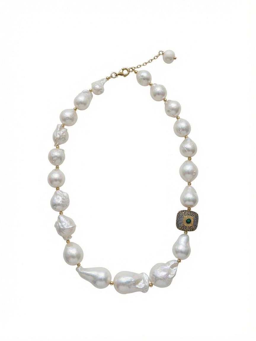 The "Emerald Focal" Organic Baroque Pearl Necklace with Emerald Accent