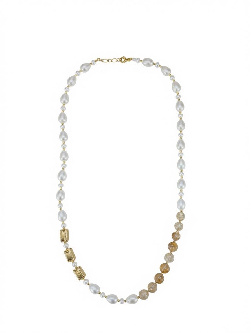 The "Citrine Sun" Asymmetric Teardrop Pearl & Citrine Quartz Statement Necklace