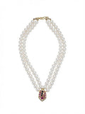 The "Sapphire Shield" Double-Strand Pearl Necklace with Ruby & Sapphire Pendant
