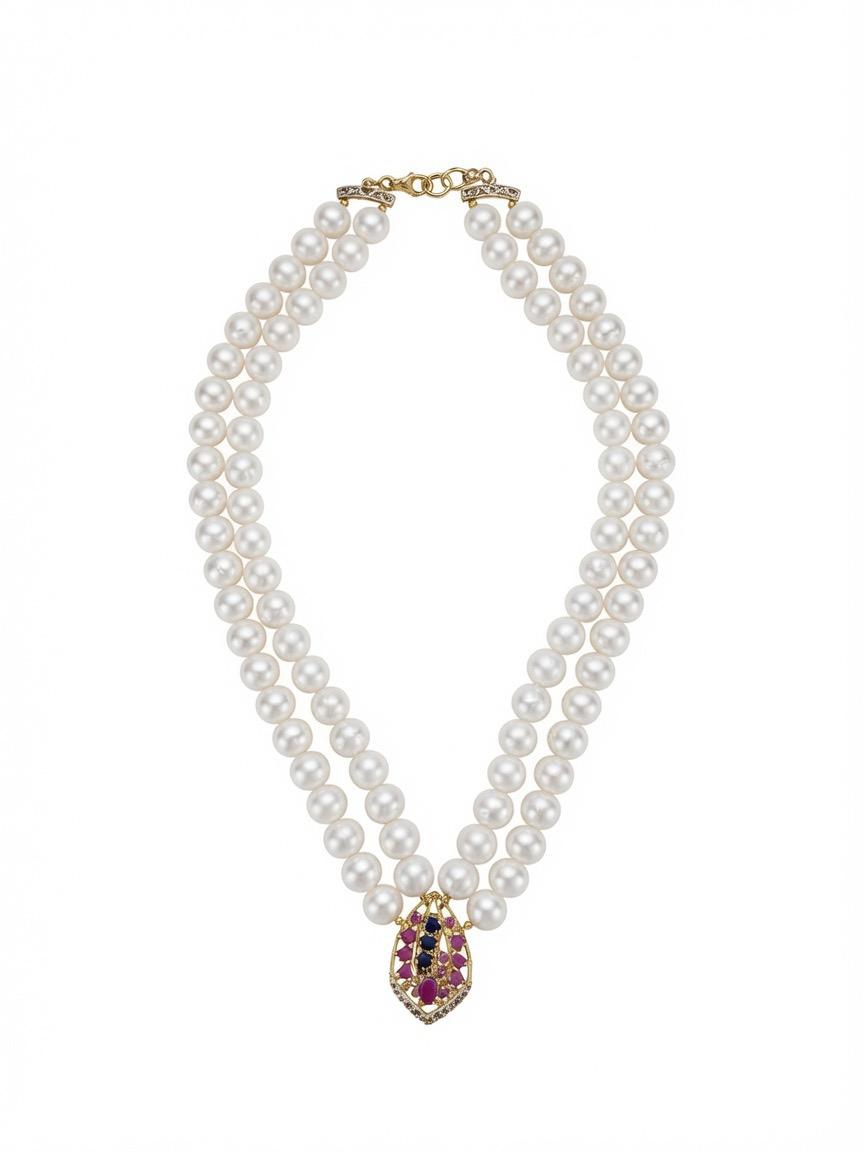 The "Sapphire Shield" Double-Strand Pearl Necklace with Ruby & Sapphire Pendant
