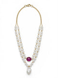The "Ruby Quartz Drop" Layered Pearl & Ruby Quartz Pendant Necklace