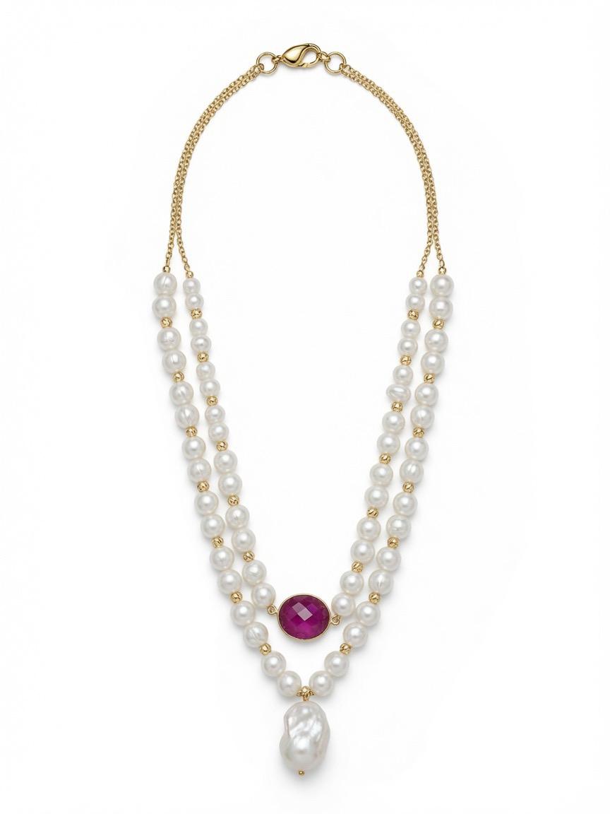 The "Ruby Quartz Drop" Layered Pearl & Ruby Quartz Pendant Necklace