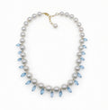 The "Blue Topaz Fringe" Coastal Luxe Pearl Collar Necklace with Blue Topaz Marquise Charms