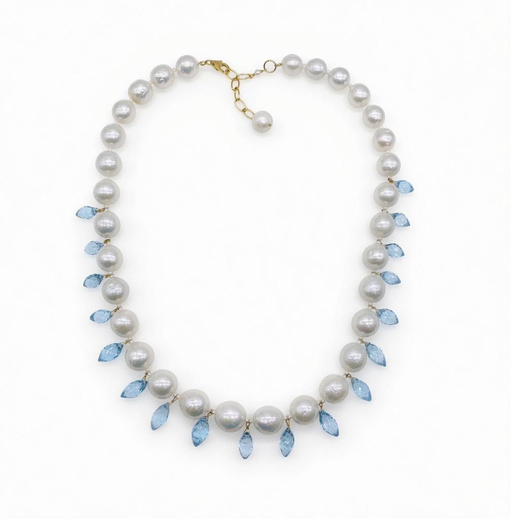The "Blue Topaz Fringe" Coastal Luxe Pearl Collar Necklace with Blue Topaz Marquise Charms