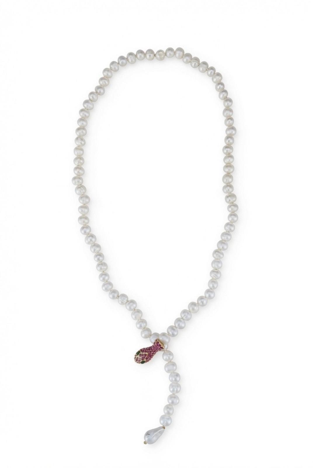 Classic Pearl Y-Necklace with Ruby & Emerald Serpent Focal