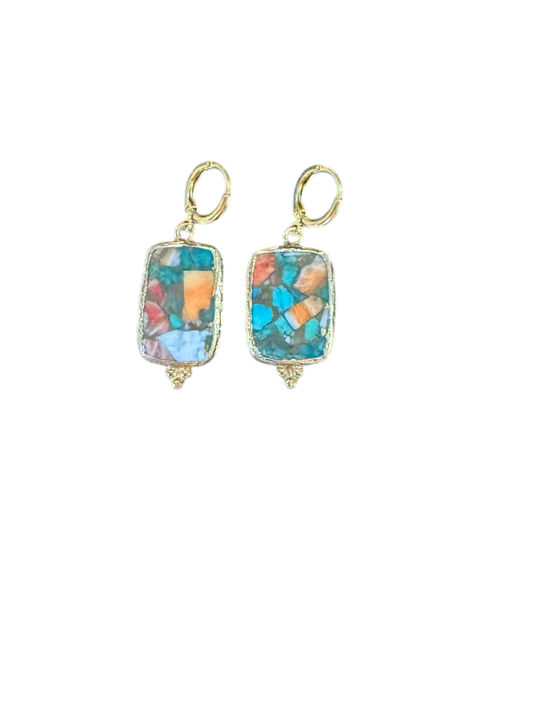 The "Sierra" Mosaic Turquoise, Coral & Spiny Oyster Huggie Drop Earrings