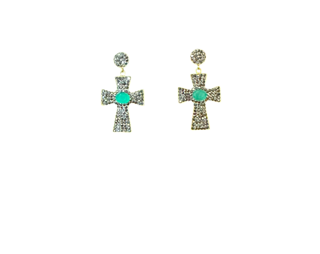 The "Odessa" Emerald & Hematite Cross Drop Earrings