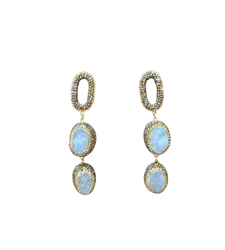 The "Odessa" Blue Druzy, Hematite & Golden Swarovski Crystal Link Drop Earrings