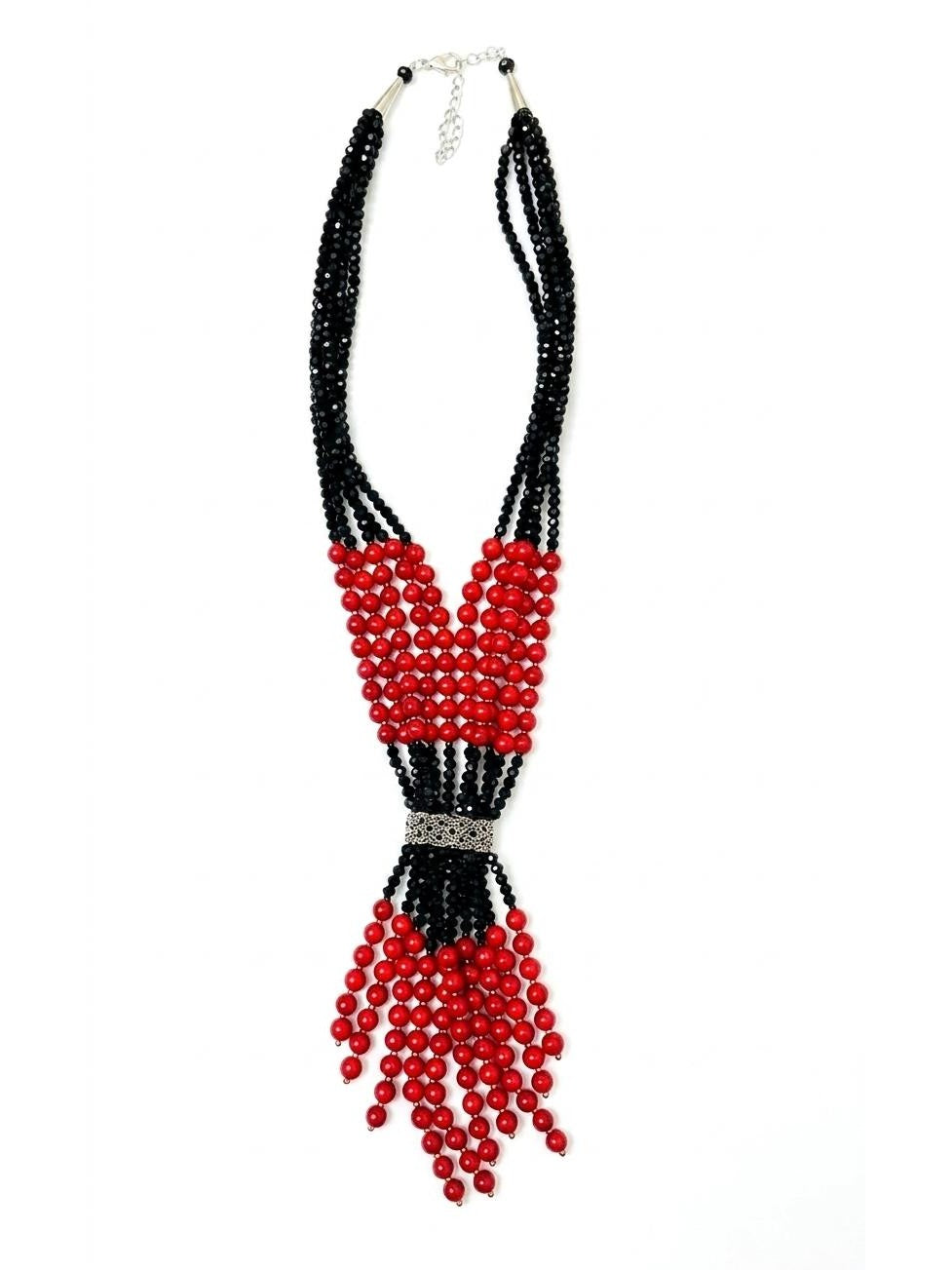 The "Crimson Lattice" Swarovski Crystal & Coral Marcasite Tassel Necklace