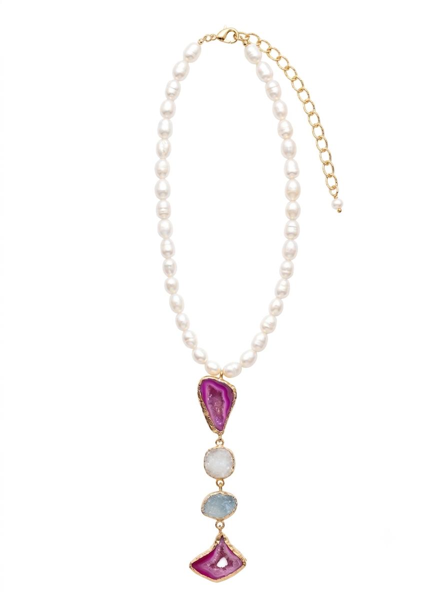The "Solstice" Pink Geode & Multi-Gemstone Drop Necklace
