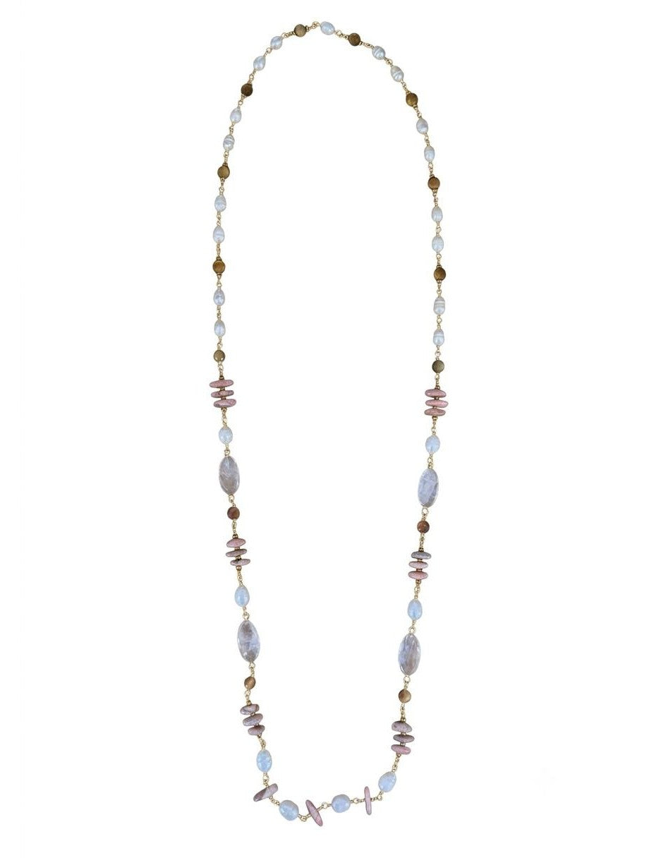 The "Aurora Aura" Long Rose Quartz & Rhodonite Station Necklace