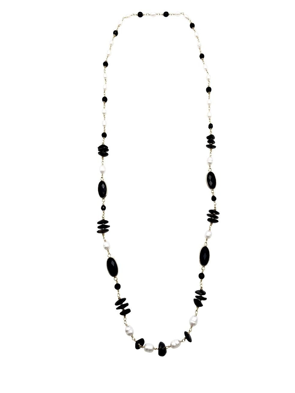The "Midnight Aura" Long Black Onyx & Pearl Station Necklace