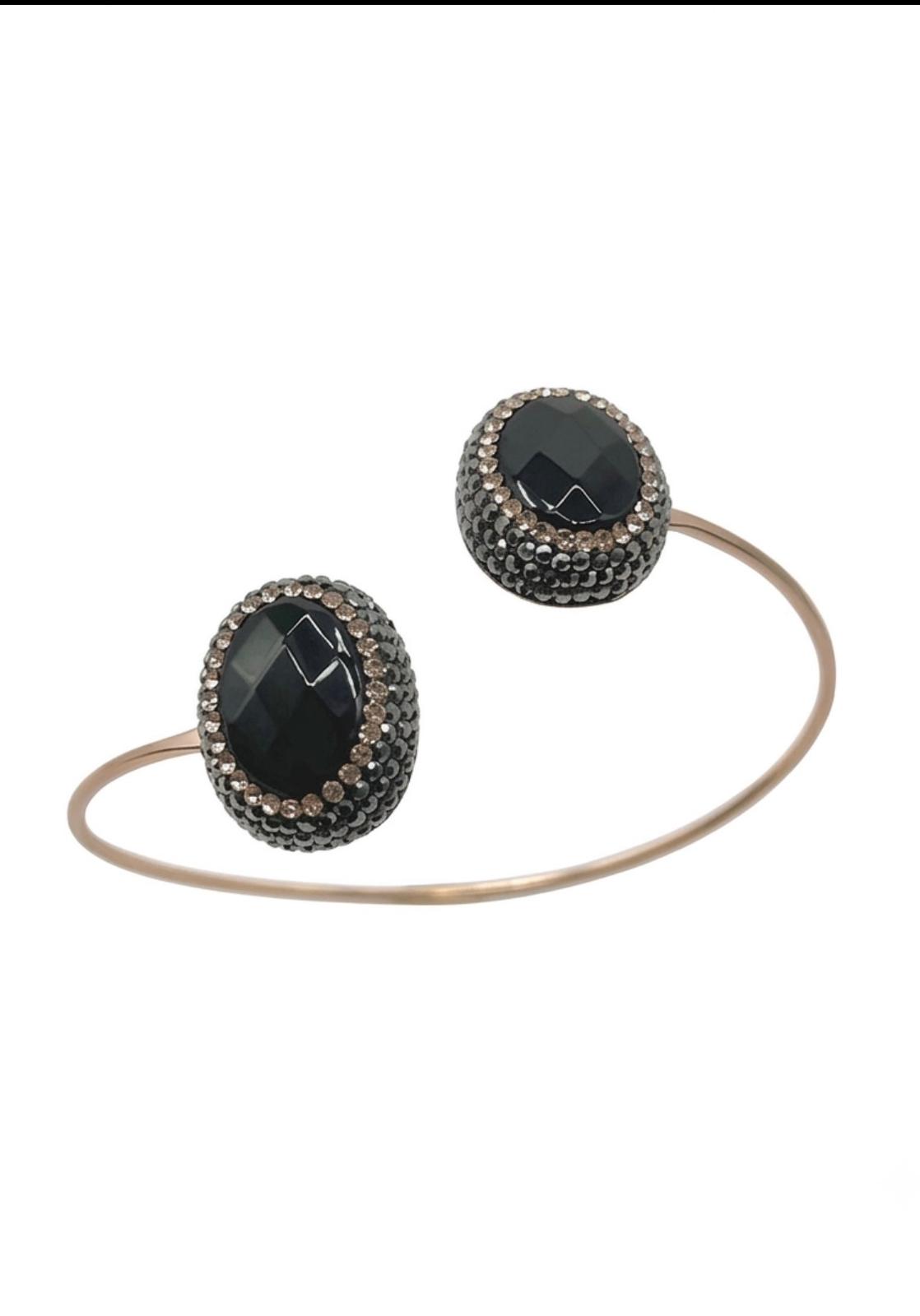 The "Eclipse Aura" Onyx & Hematite Bypass Cuff Bracelet in Rose Gold