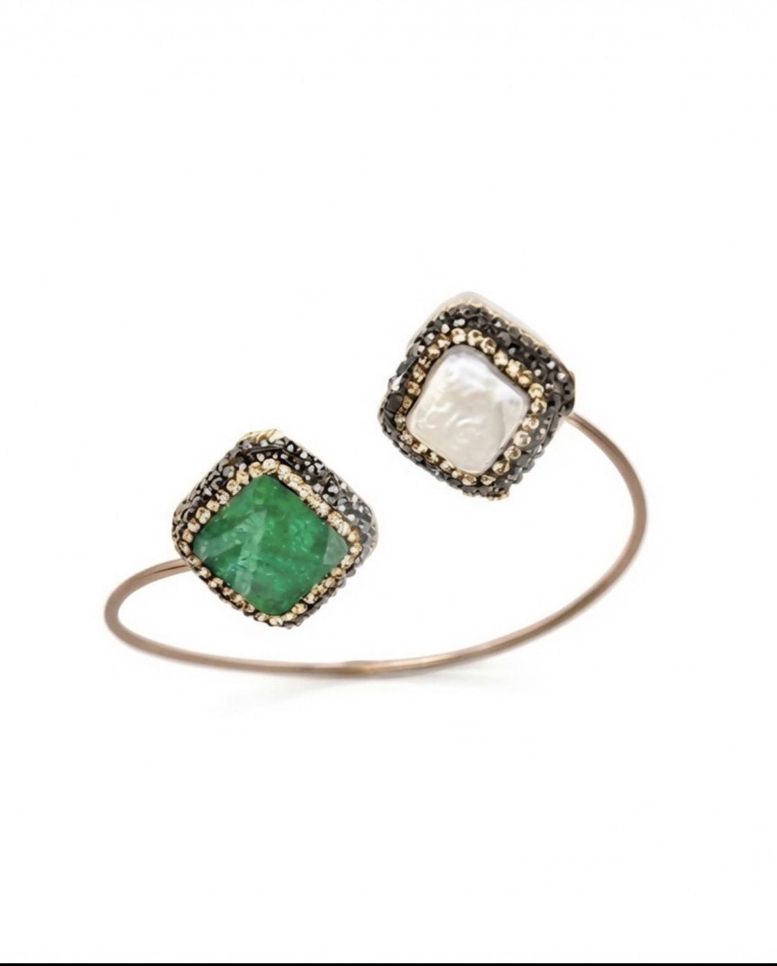 The "Eden Aura" Emerald & Pearl Bypass Cuff Bracelet
