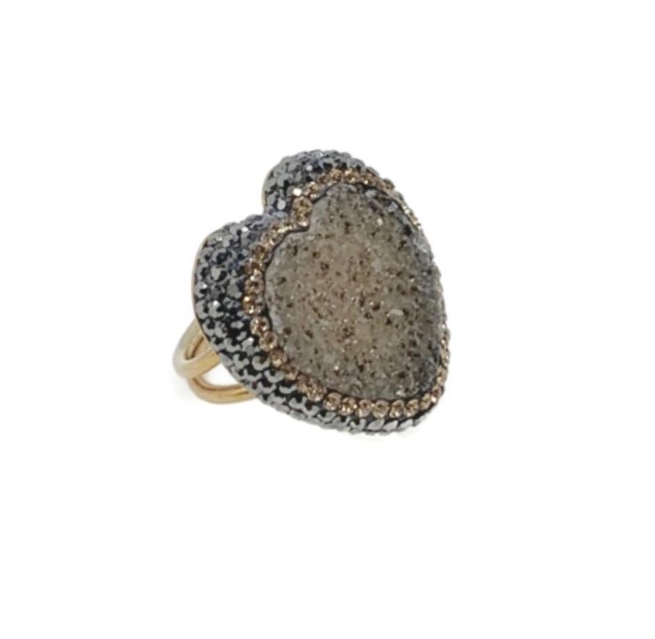 The "Elara" Grey Druzy & Swarovski Halo Statement Ring