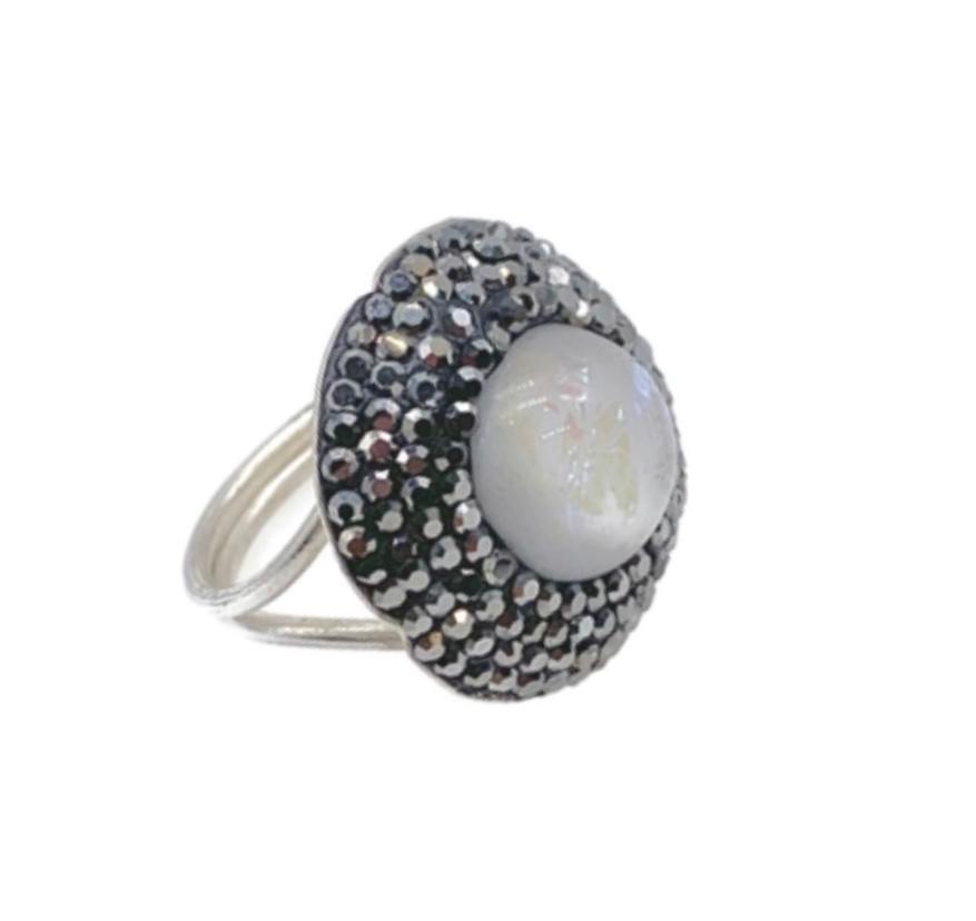 The "Elara" White Pearl & Swarovski Halo Statement Ring