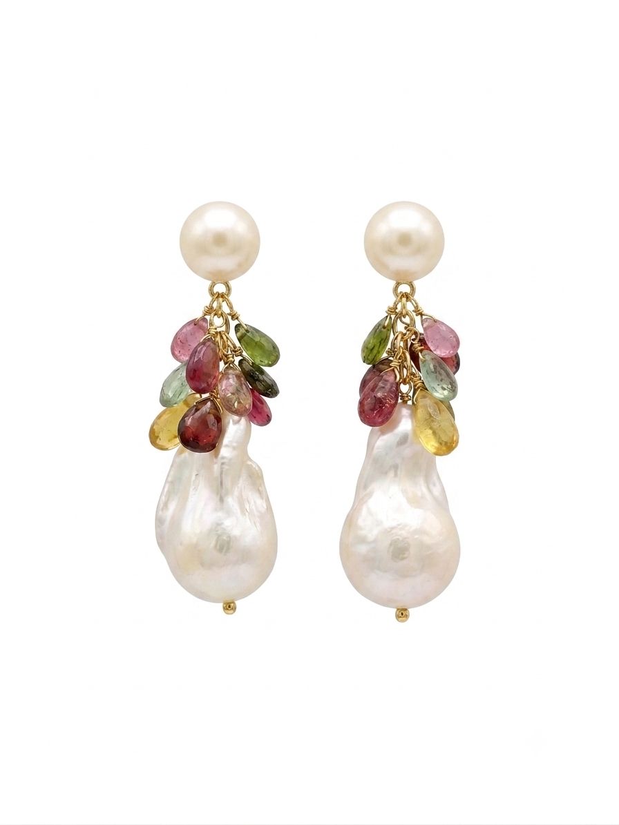 The "Rainbow Cascade" Baroque Pearl & Multi-Gem Drop Earrings