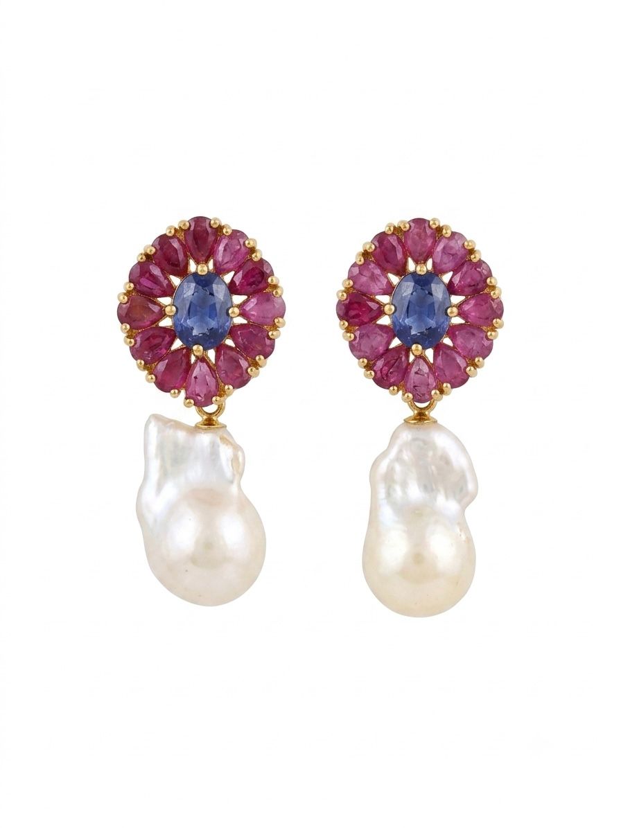 The "Royal Bloom" Sapphire & Ruby Pearl Drop Earrings