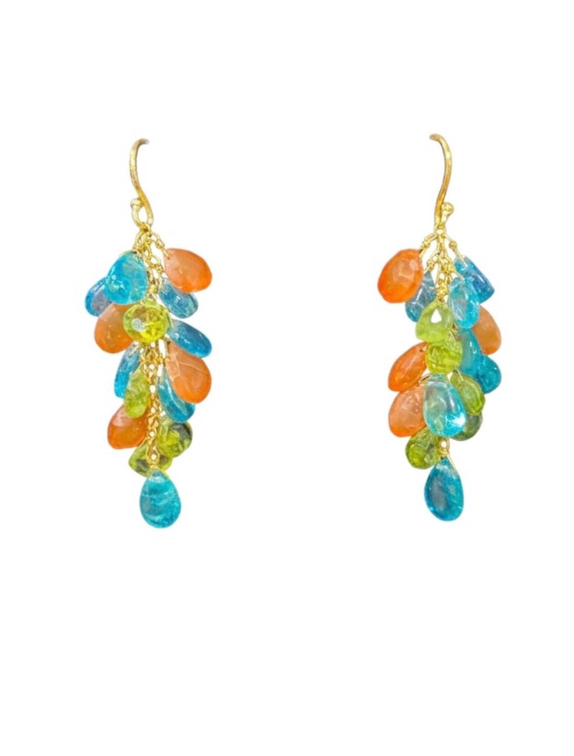 The "Vibrant Cascade" Peridot, Aquamarine & Carnelian Drop Earrings